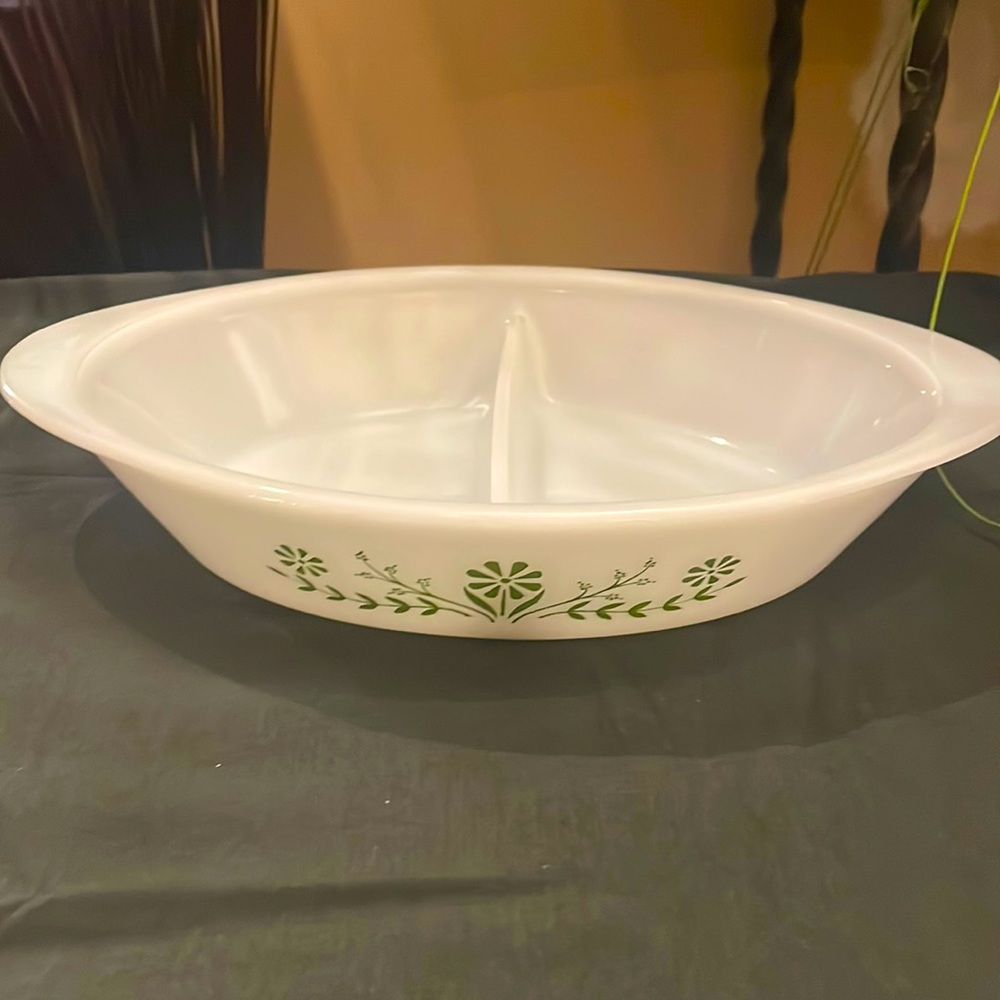 Vintage Glasbake Casserole Dish 1QT Green Daisy Milk Glass Oval 12" Divided